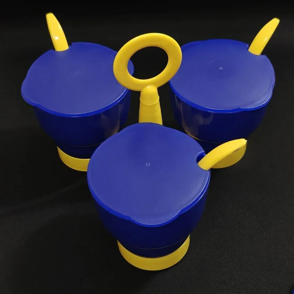 Vintage Tupperware Condiment Caddy Set Cups Spoons Lids Complete Yellow Blue NEW